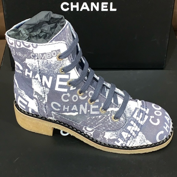 SOLD Chanel Printed Calfskin Navy Blue Boot - Picture 2 of 3